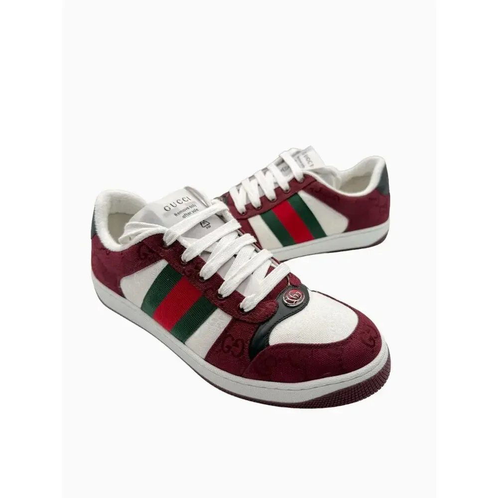 Gucci Mens GG Monogram Web Stripe Low Top Sneakers Burgundy Ivory Size 8 Italy